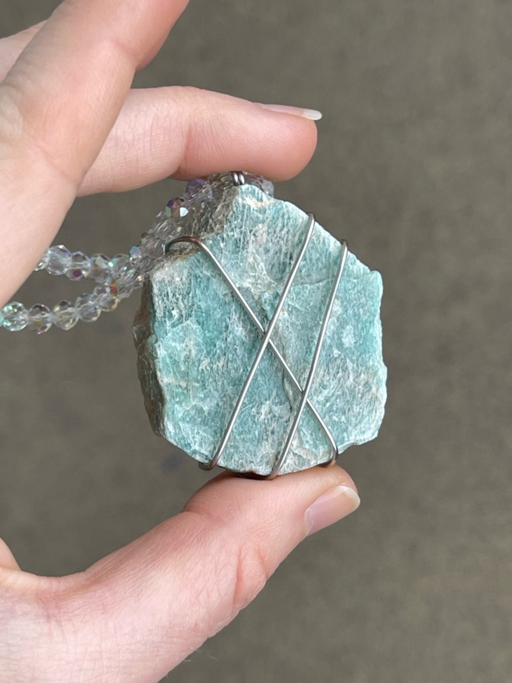 Handmade Raw Amazonite Stainless Steel Silver Wire Wrap & White AB Glass Beads - Picture 5 of 5